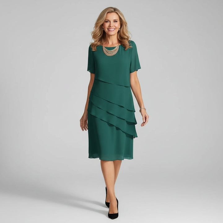 Short sleeve tiered chiffon midi dress in Green, front view