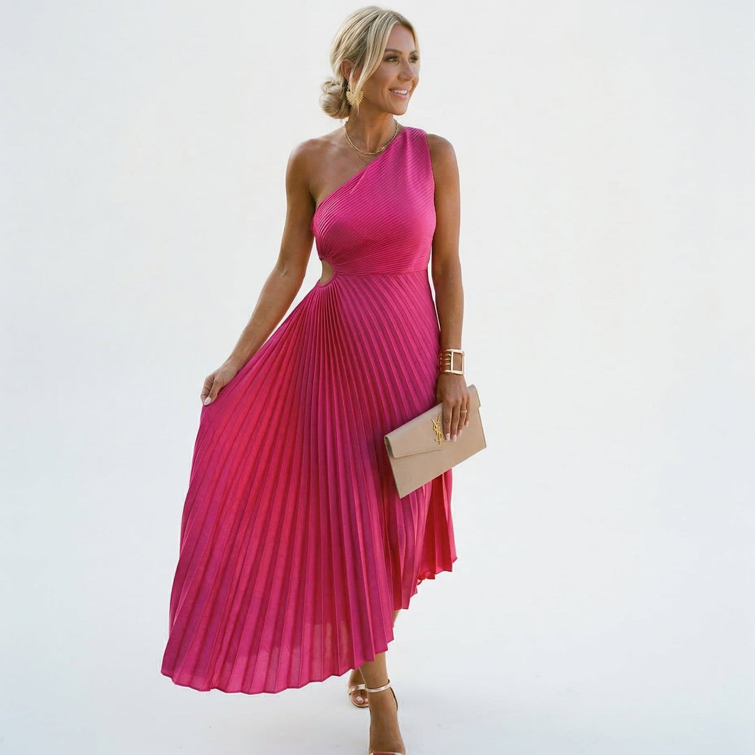 One-shoulder wedding guest dress in white, contoured bodice front view