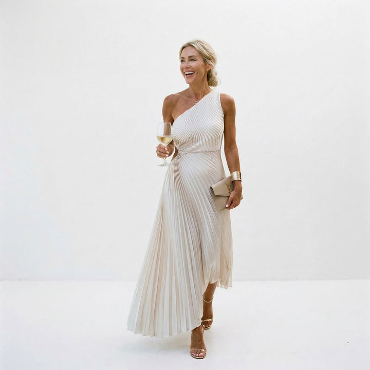 One-shoulder wedding guest dress in white, back view