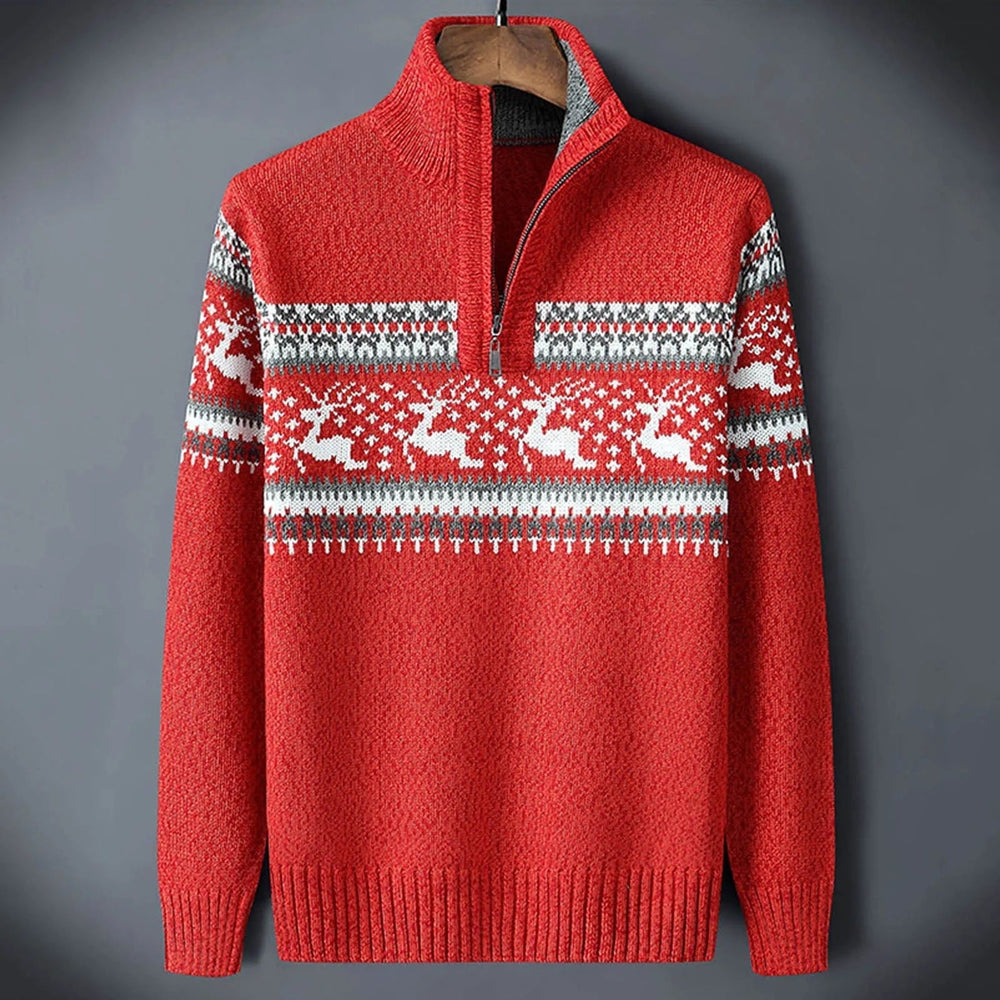 Sweter męski świąteczny z reniferami i zamkiem pod szyją