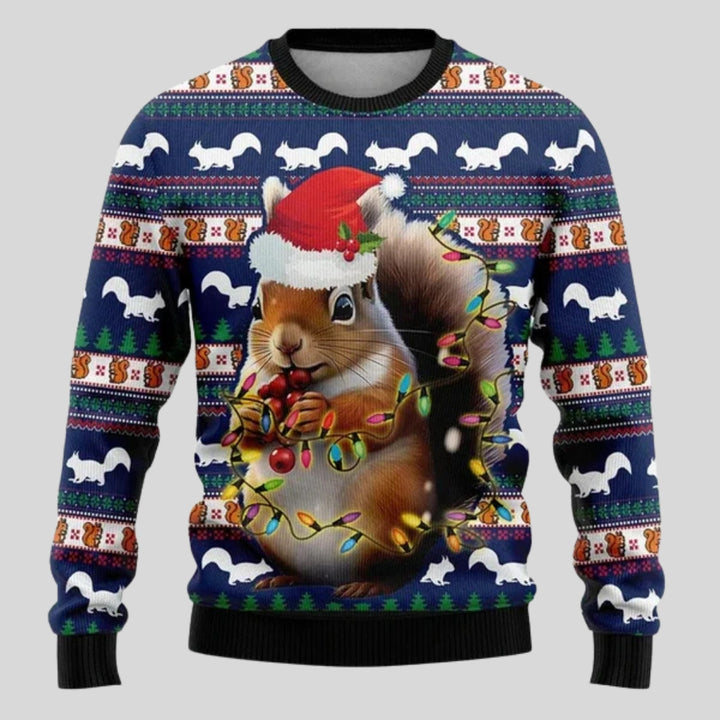 Sweter świąteczny męski z nadrukiem zwierzęcym i lampkami