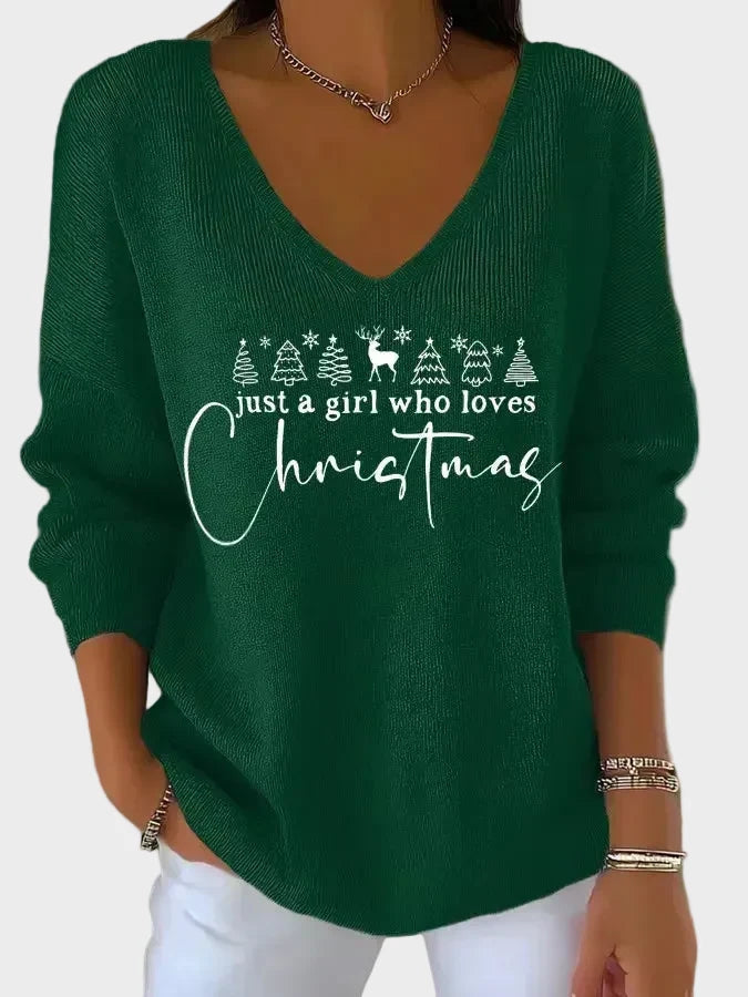 Świąteczny sweter damski z dekoltem V i motywem choinki