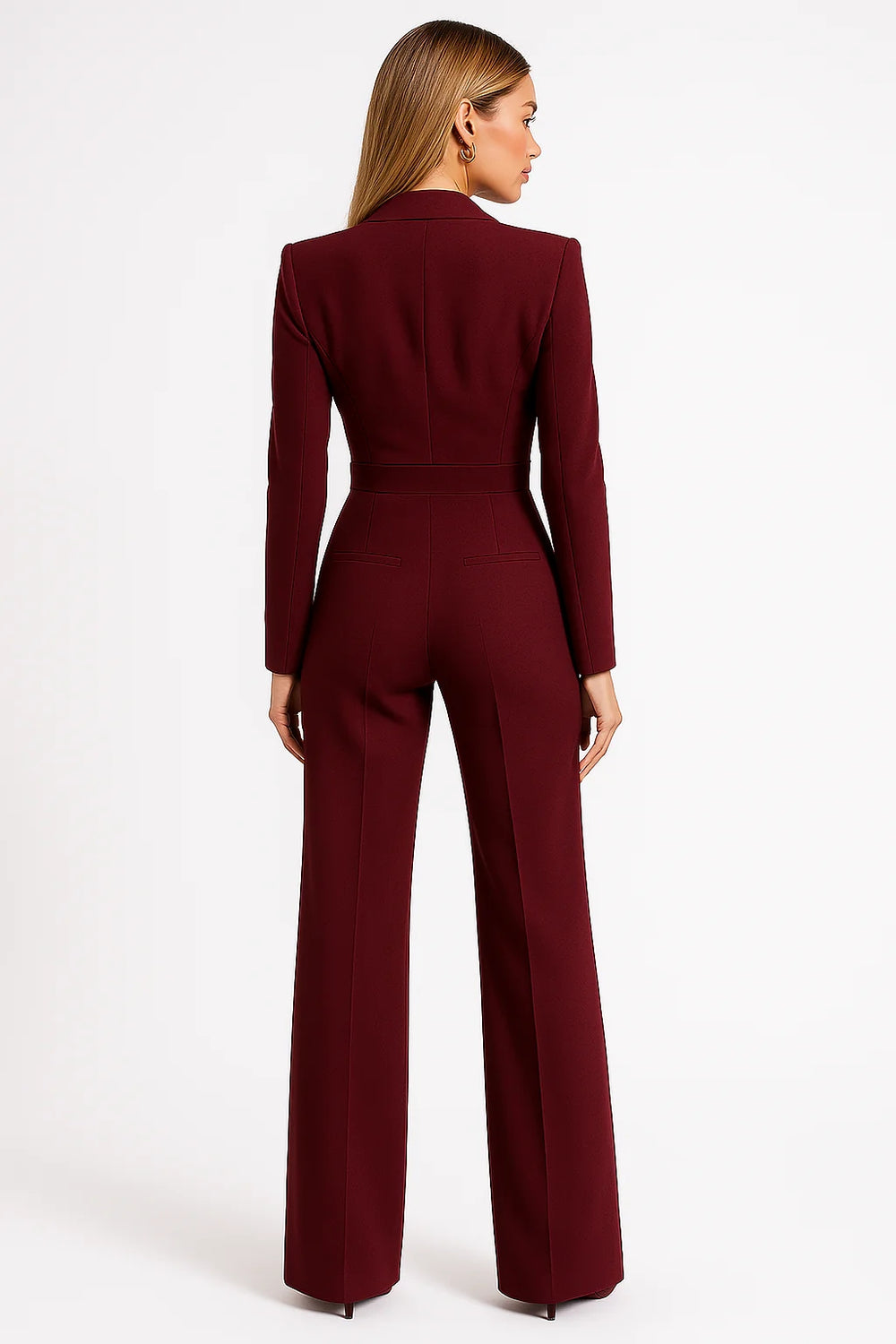 Women’s Jumpsuit – Tailored Fit – V-Neck – Long Sleeve – Wide Leg Elegant Style