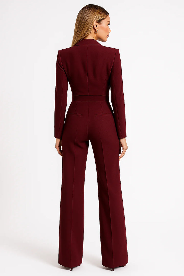 Women’s Jumpsuit – Tailored Fit – V-Neck – Long Sleeve – Wide Leg Elegant Style