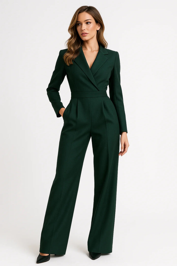 Women’s Jumpsuit – Tailored Fit – V-Neck – Long Sleeve – Wide Leg Elegant Style